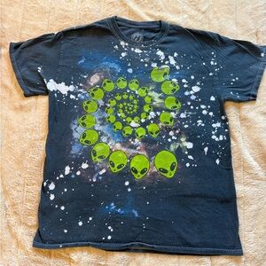 Galaxy Print Black Tee with Green Alien Design
